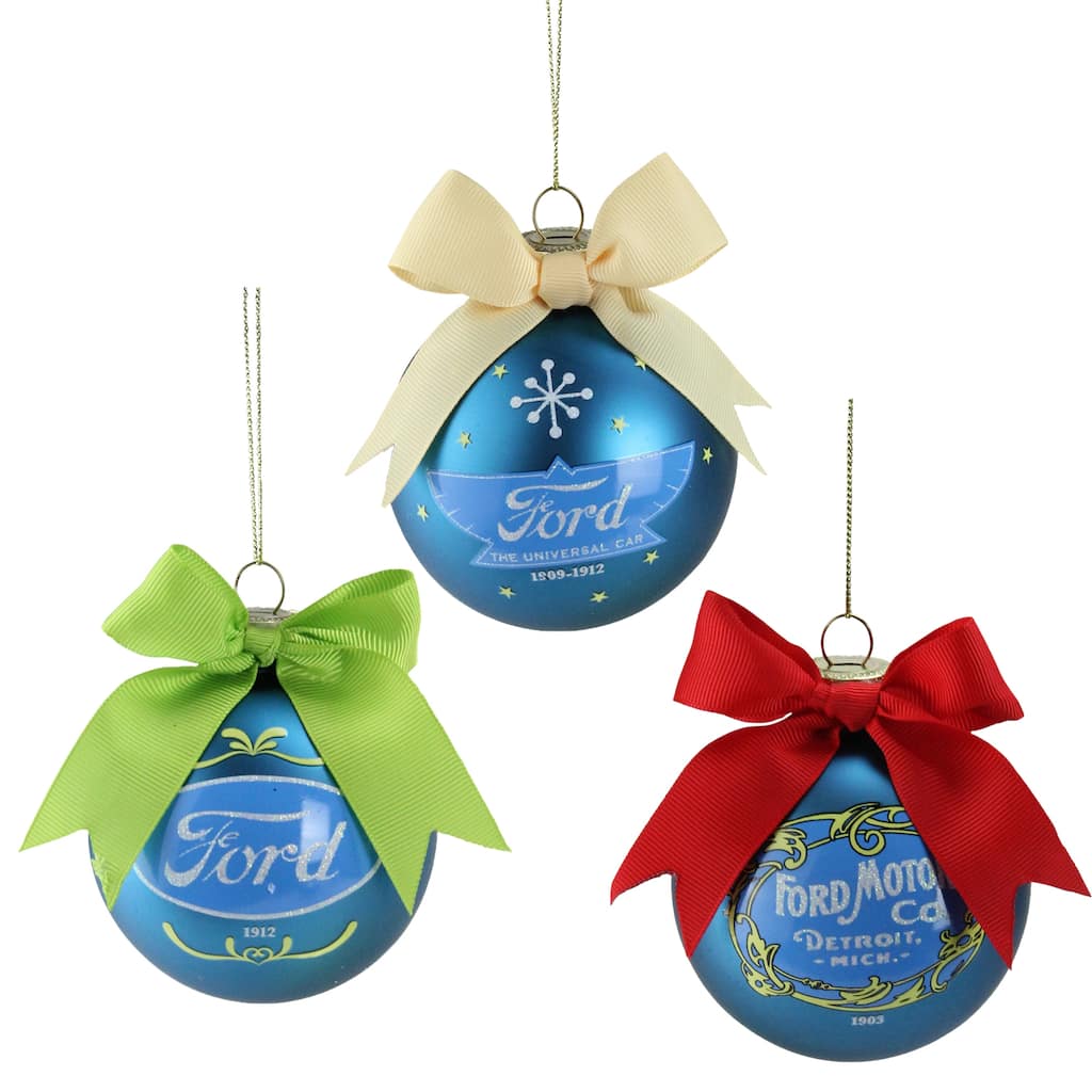Ford Logo Collectible Glass Christmas Ball Ornaments - 3" - Blue - Set of 3