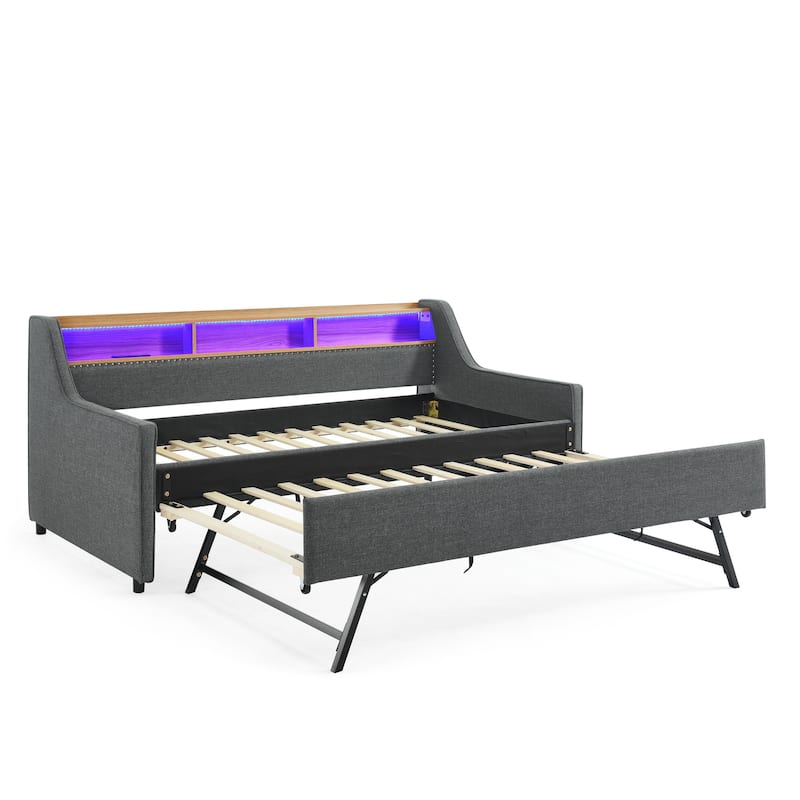 Linen Upholstered Bedframe Twin Daybed with Foldable Leg Pull Out Trundle, LED Lights, Storage Headboard and Wireless Charging