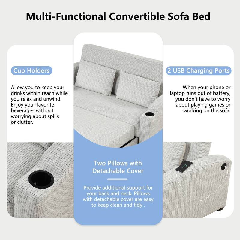 61.6" Pull Out Sofa Bed with Adjustable Backrest, 2 Pillows, Cup Holders & USB Ports, White Gray, Chenille