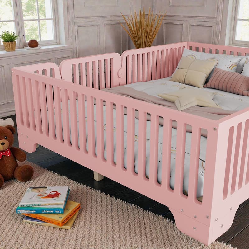 Montessori Floor Bed with Fence and Door, Kids Floor Bed Frame with Slats, No Box Spring Needed