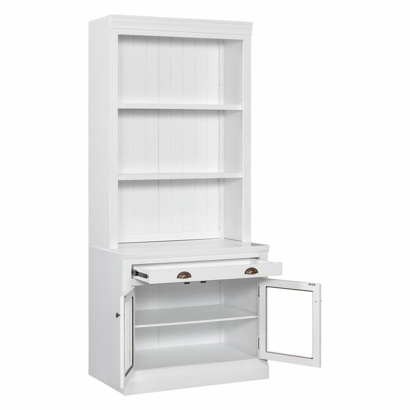83.4" Tall Bookshelf, Modern Bookcase with 2 Glass Doors, 1 Drawer & Open Shelves