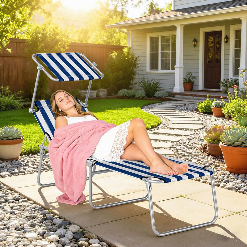 Outsunny Outdoor Lounge Chair, Adjustable Folding Chaise Lounge, Tanning Chair with Sun Shade for Beach, Camping, Hiking