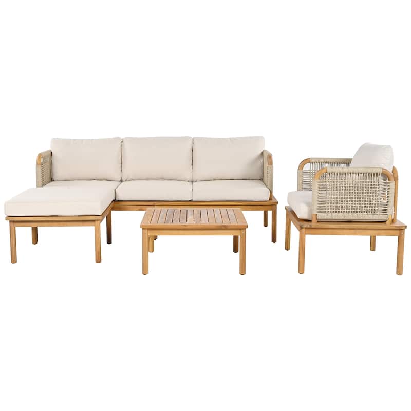 Roomfitters Outdoor 4-Piece Acacia Wood and Rope Patio Sofa Set with Coffee Table, Beige Cushions