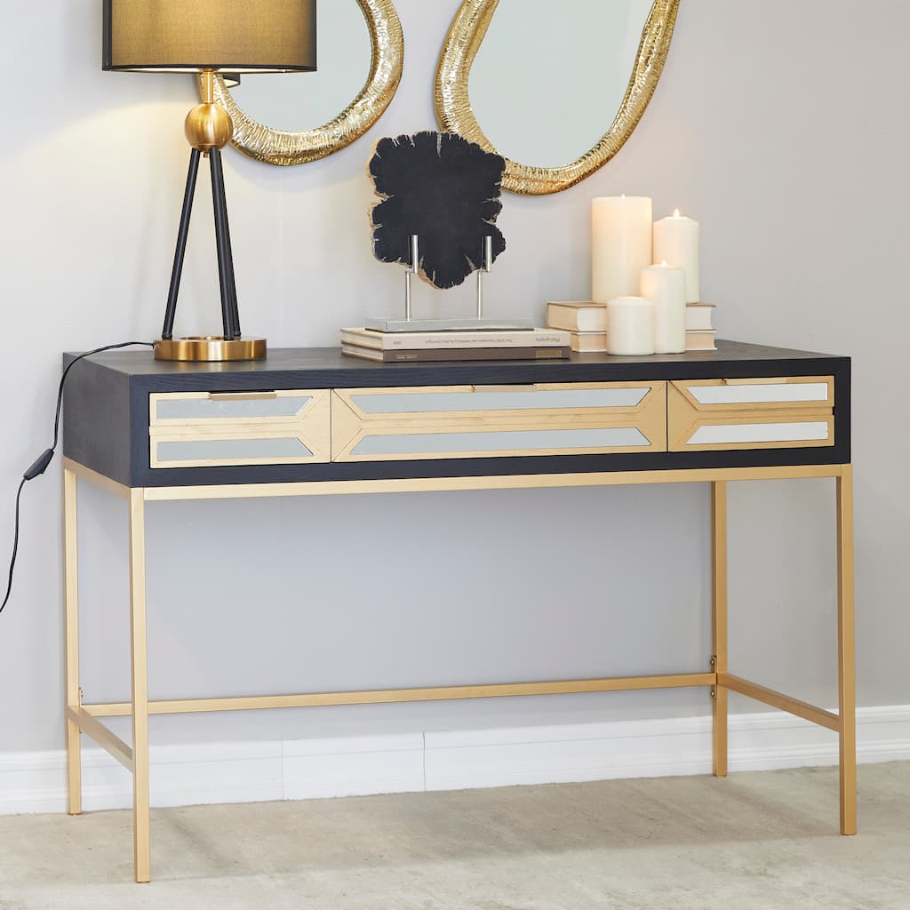 Black Wooden 3 Drawers Desk with Mirrored Front and Outlet