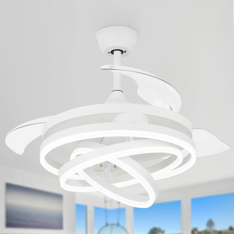 Cusp Barn Modern 42" Retractable Ceiling Fan with Lights and Remote, 6 Speed LED Ceiling Lighting for Bedroom Living Room - White