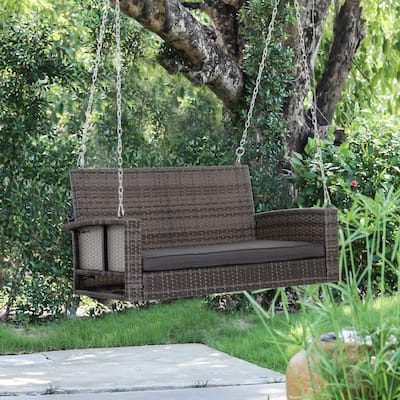 Classic Two-Person Seating Outdoor Hanging Daybed, Weatherproof Swing Bench with Handwoven Rattan