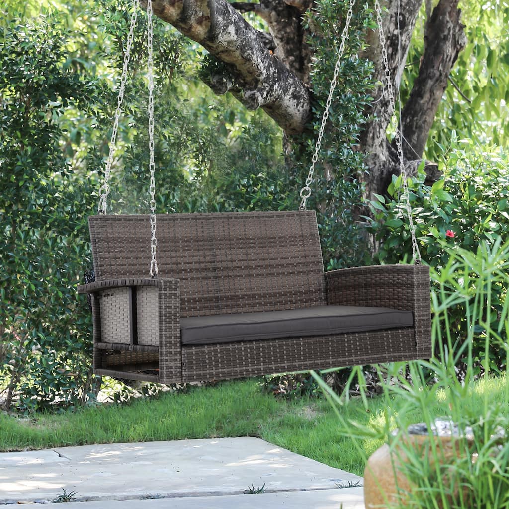 Classic Two-Person Seating Outdoor Hanging Daybed, Weatherproof Swing Bench with Handwoven Rattan