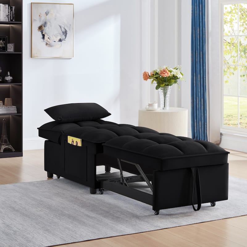 Black 68.5" Velvet Single Folding Sofa Bed with Adjustable Backrest and Pillows for Living Room