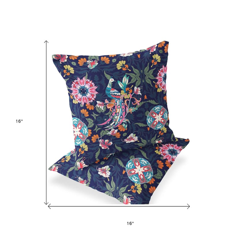 HomeRoots Set of Two 16" X 16" Blue and Pink Peacock Blown Seam Floral Indoor Outdoor Throw Pillow - 16.00' X '16.00' X '5.00