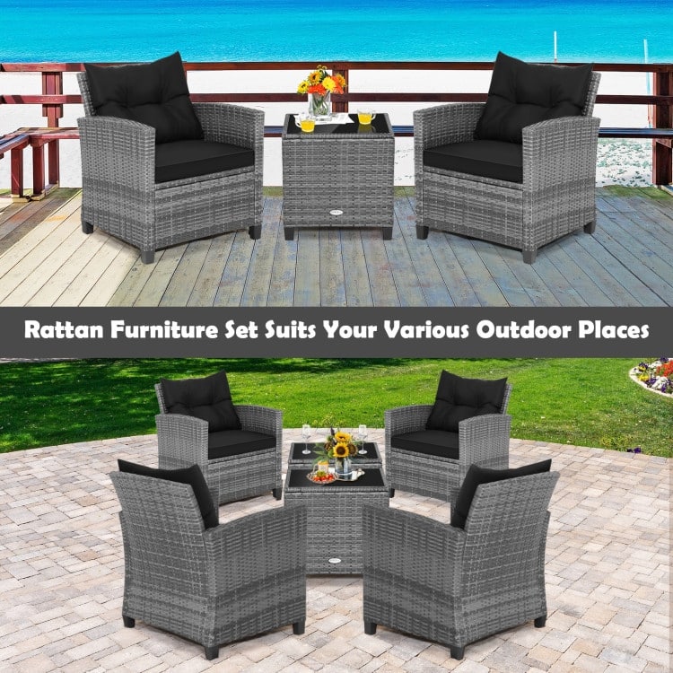 3-Piece Outdoor Wicker Patio Furniture Set with Tempered Glass Coffee Table - 26.5" x 26.5" x 30" (L x W x H)