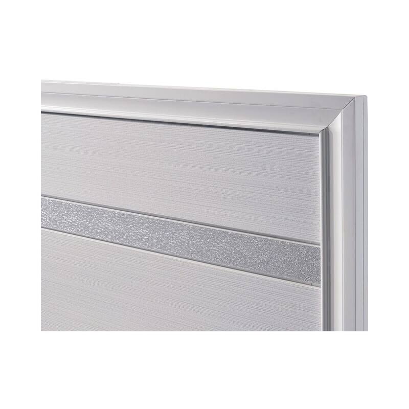 Eastern King Bed with Drawers - White Panel Bed Frame, Silver Accents, Wooden Construction