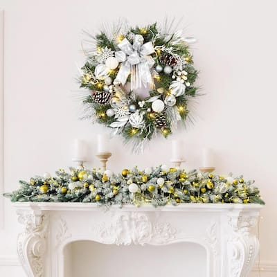 24 Inch Silver White Christmas Wreath for Fireplace Window - N/A