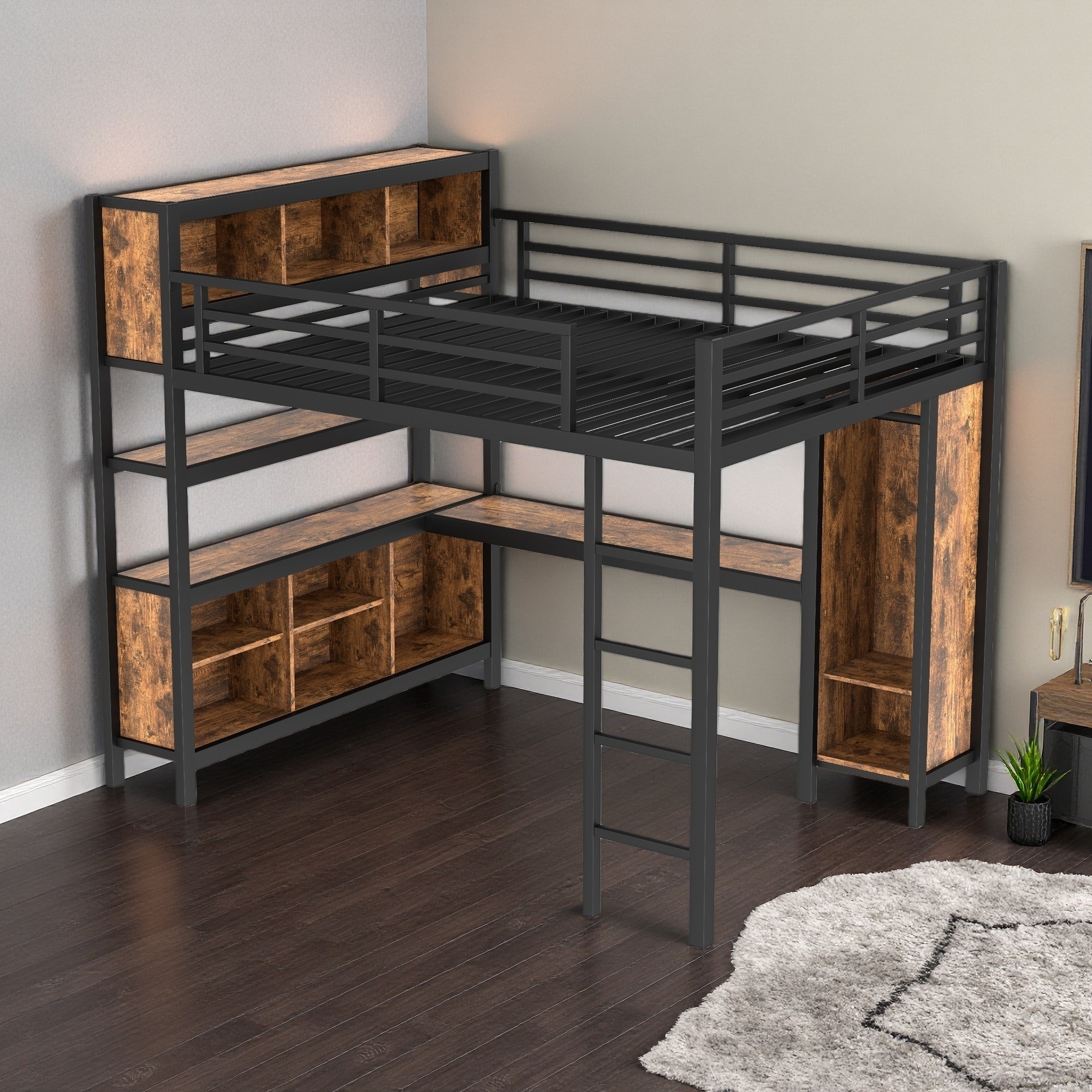 Queen Metal Loft Bed with Wardrobe & Desk