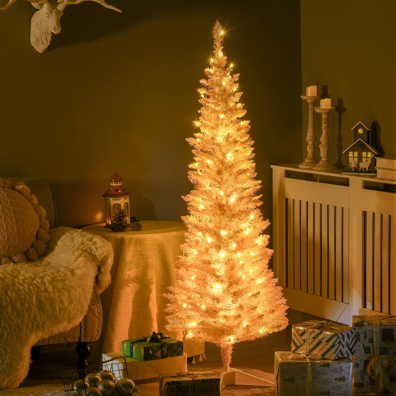 5' Tall Pre-Lit Slim Noble Fir Artificial Christmas Tree with 110 Warm White LED Lights and 294 Tips - Pink