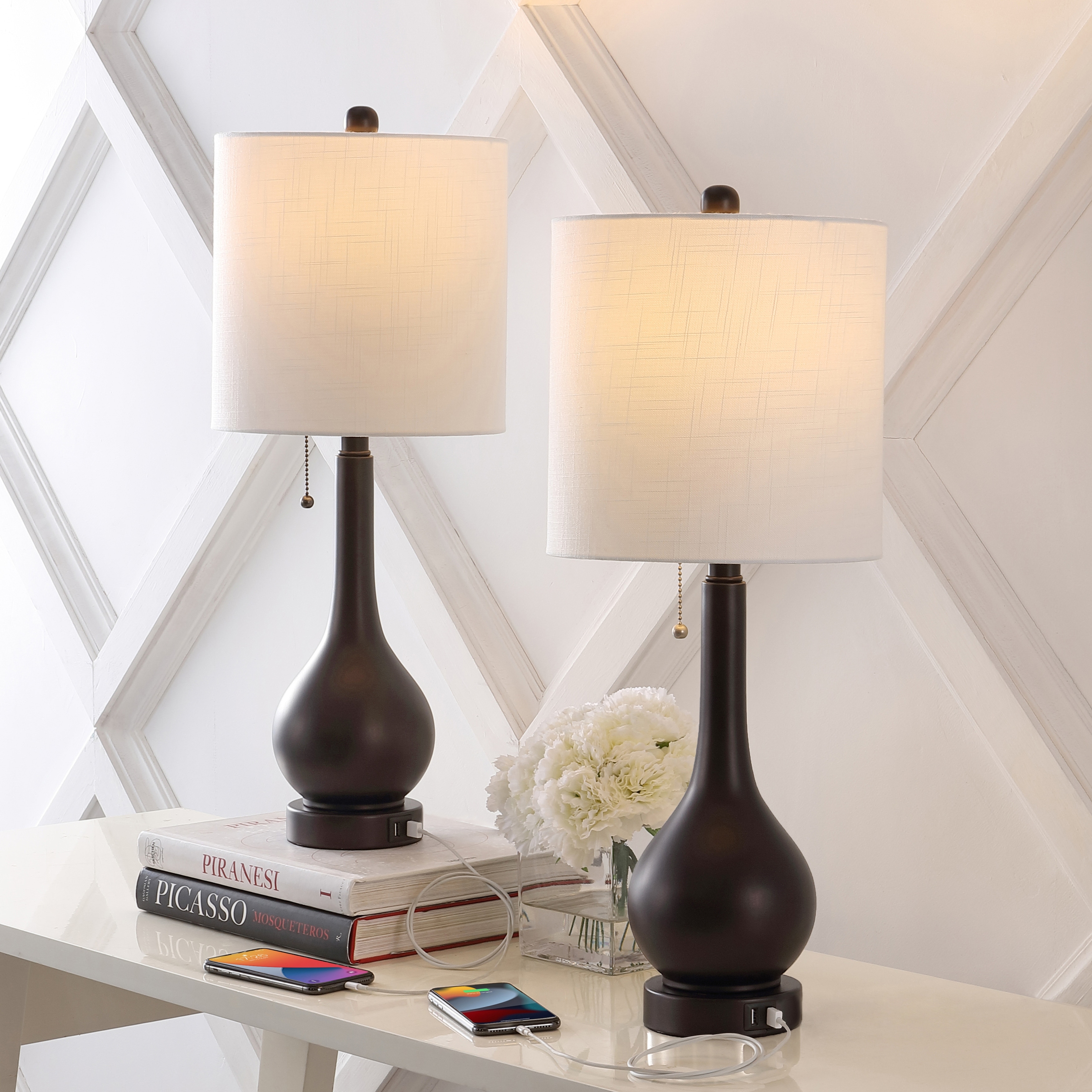 JONATHAN Y Grant 24" Modern Classic Gourd Iron LED Table Lamp with Pull-Chain with Dual USB Charging Port,(Set of 2)