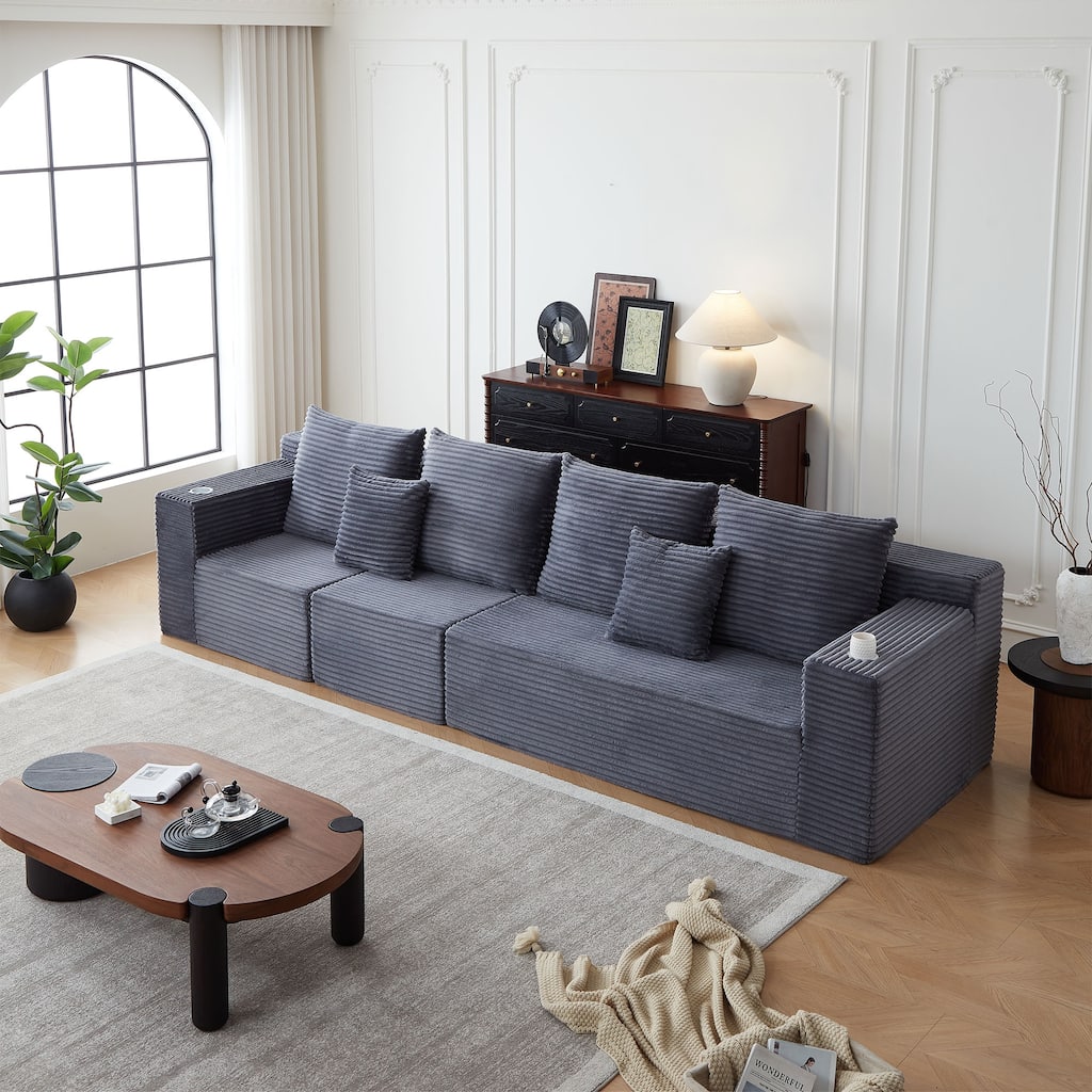 Deep Seat Corduroy Modular Cloud Couch with Cup Holders, No Assembly Required