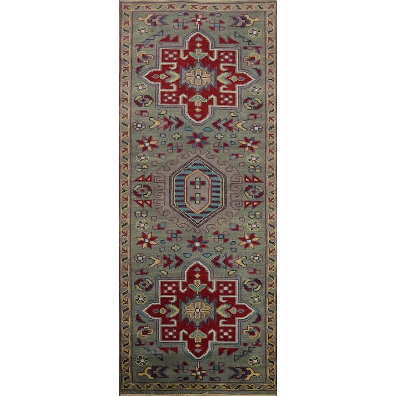 Hand-knotted Traditional Wool Green Geometric Area Rug Oriental Carpet - 8' 0'' X 2' 7''