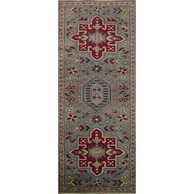 Hand-knotted Traditional Wool Green Geometric Area Rug Oriental Carpet - 8' 0'' X 2' 7''