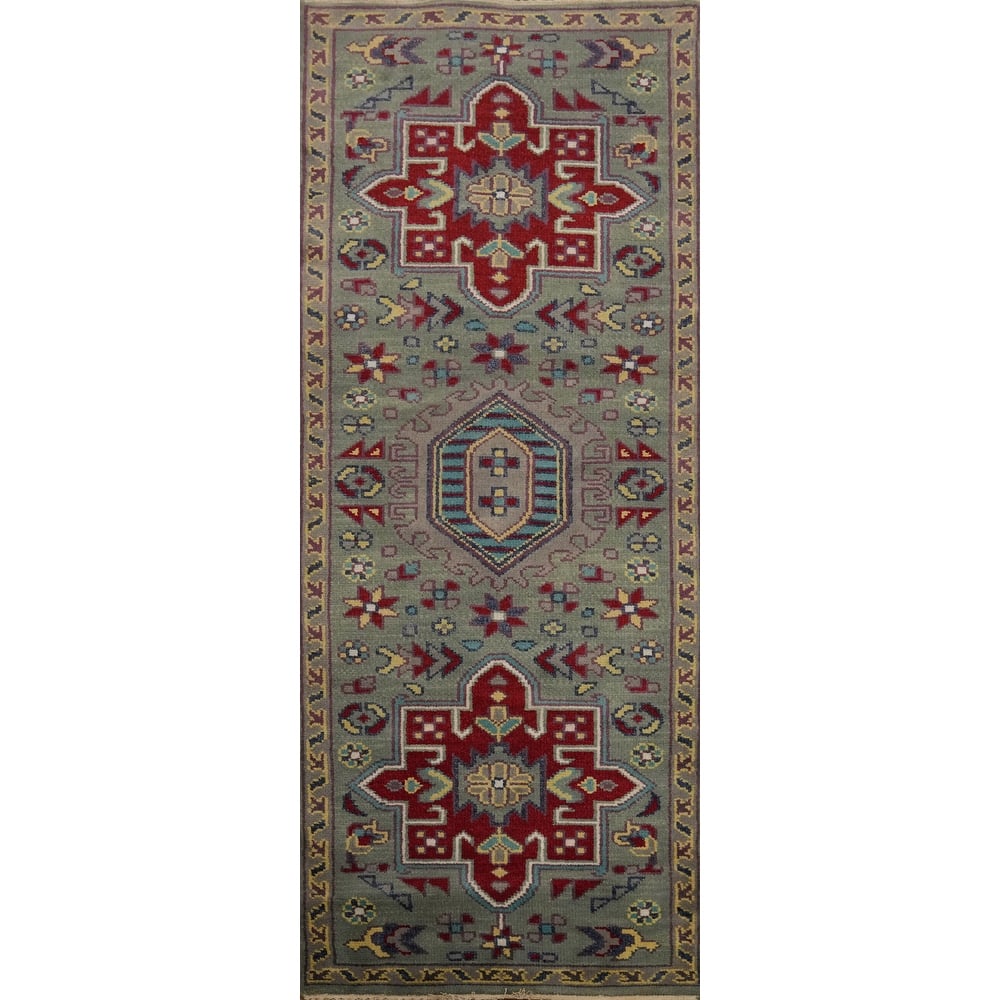 Hand-knotted Traditional Wool Green Geometric Area Rug Oriental Carpet - 8' 0'' X 2' 7''