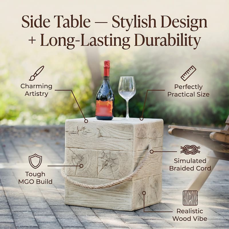 Christopher Knight Home - 14.76'' Rustic Wood Look Square MGO Side Table with Decorative Braided Cord - Wood Finish