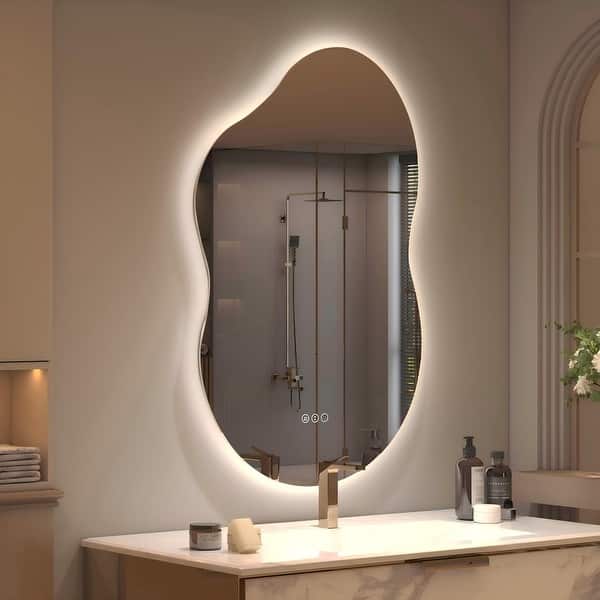 slide 2 of 11, Apmir Frameless Asymmetrical Mirror Back Lighted Bathroom Vanity Mirror Anti-Fog, 3 Colors Touch Irregular Mirror 36"x20"