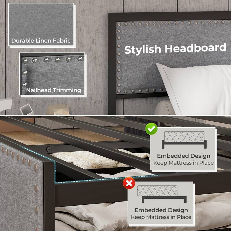 Full/Queen/Twin Size Bed Frame with LED Lights Drawer and Metal Slats