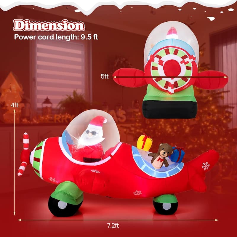 7.2 Ft Animated Inflatable Santa on Plane Lighted w/Spinning Propeller - Multi-Color