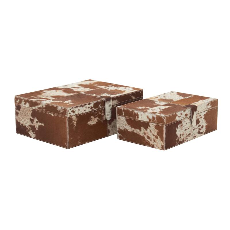 Leather Handmade Decorative Box with Hinged Lid - Set of 2 Gray, Brown, Dark Brown, Gold, Silver - Roche River Decor