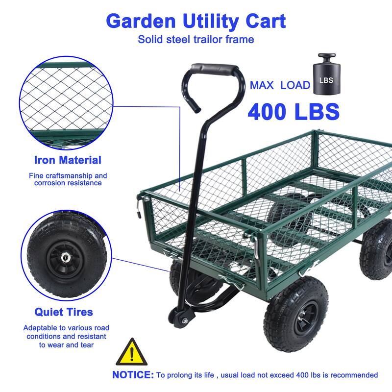 Multi-Purpose Garden Cart - 4-Wheel Utility Wagon with 180° Handle Rotation, Steel Frame, and Detachable Sides for Large Loads