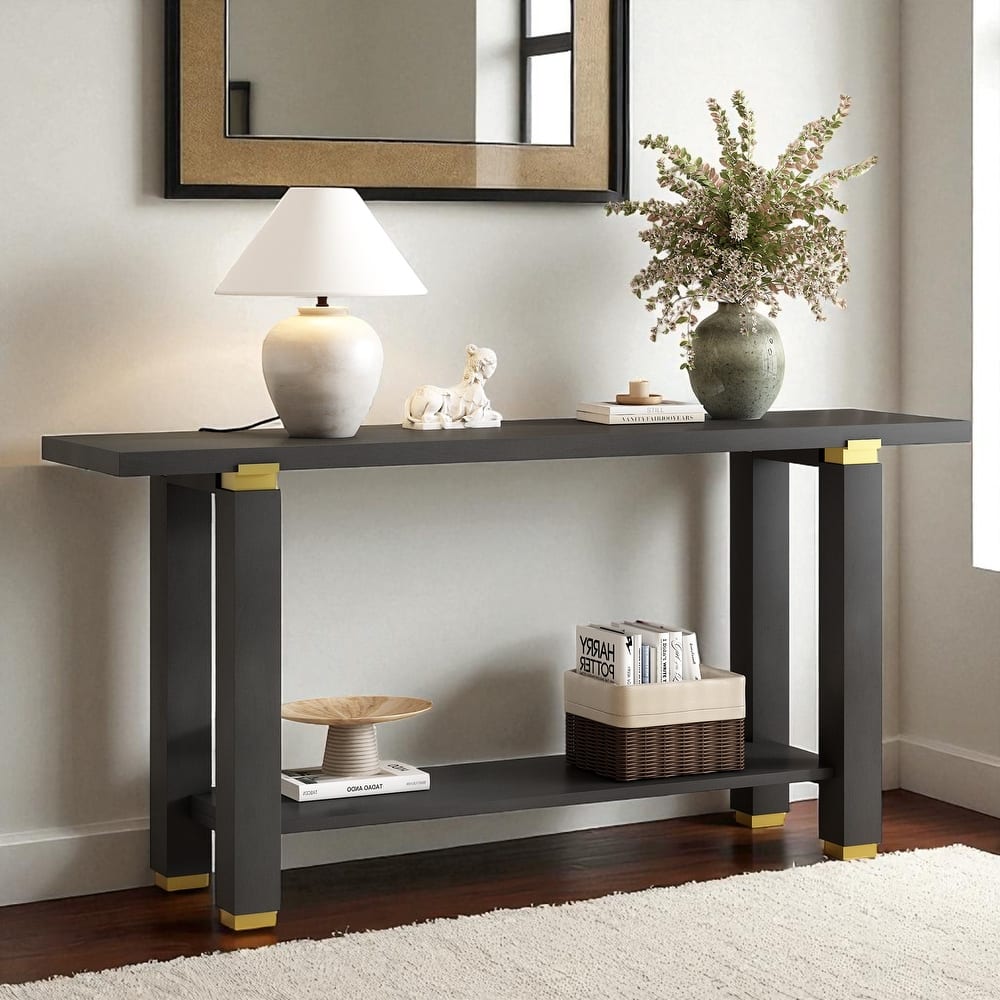 62.9" Modern Minimalist Console Table with Metal Accents, Solid Pine Wood Legs and Bottom Storage Shelf for Entryway