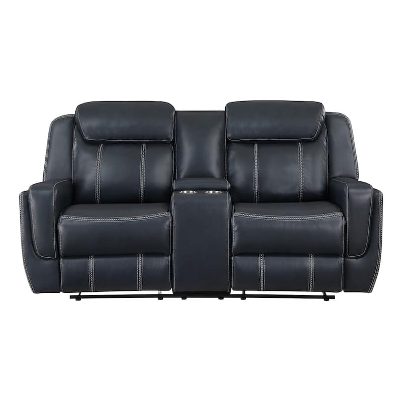 Louise 76 Inch Dual Manual Recliner Loveseat, Cupholder, Blue Faux Leather