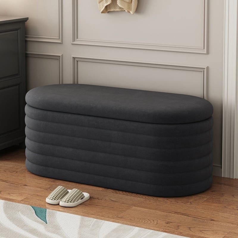 Ottoman Bench Upholstered Fabric Storage Bench End of Bed Stool with Safety Hinge for Bedroom, Living Room, Entryway - Black