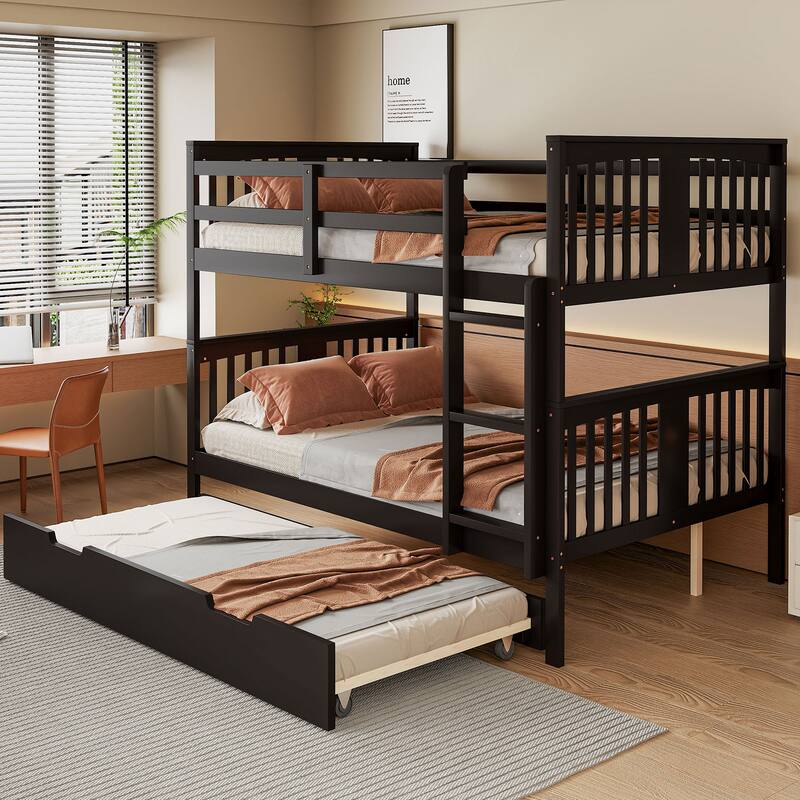 Espresso Full over Full Bunk Bed with Trundle, Ladder and Guardrails - Detachable Bunk Bed Convertible 2 Full Size Beds