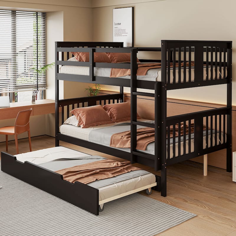 Full Over Full Bunk Bed With Twin Size Trundle And Ladder -Espresso - Brown
