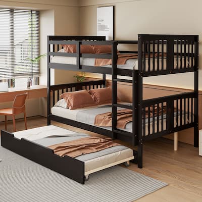 Full over Full Bunk Bed with Twin Trundle - Sturdy Wood Frame with Ladder & Safety Rails