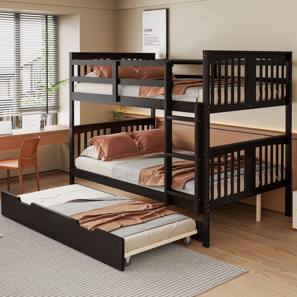 Full over Full Bunk Bed with Twin Trundle Ladder and Solid Wood Frame