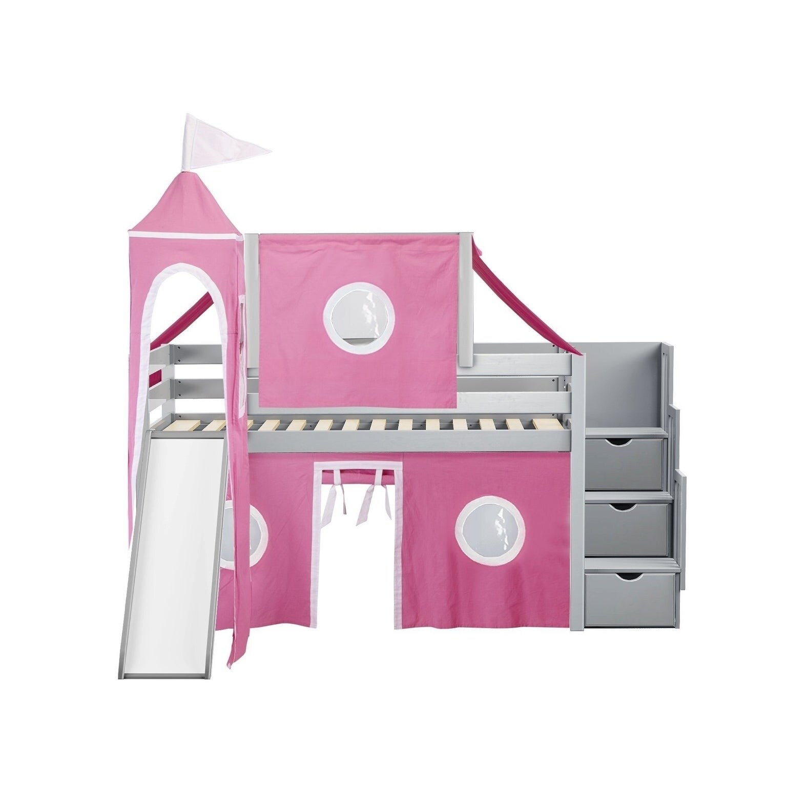 Jackpot Princess Low Loft Stairway Bed with Slide Pink White