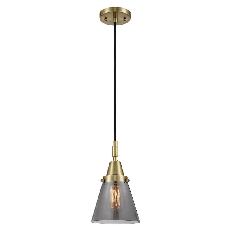 Innovations Lighting Downtown Urban - Caden Cone - 1 Light 6" Cord Hung Mini Pendant - Antique Brass/Light Smoke Shade