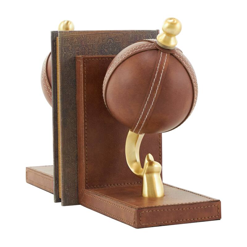 Brown Leather Handmade Stitched Globe Decorative Bookends with Brown Wood Base (Set of 2)