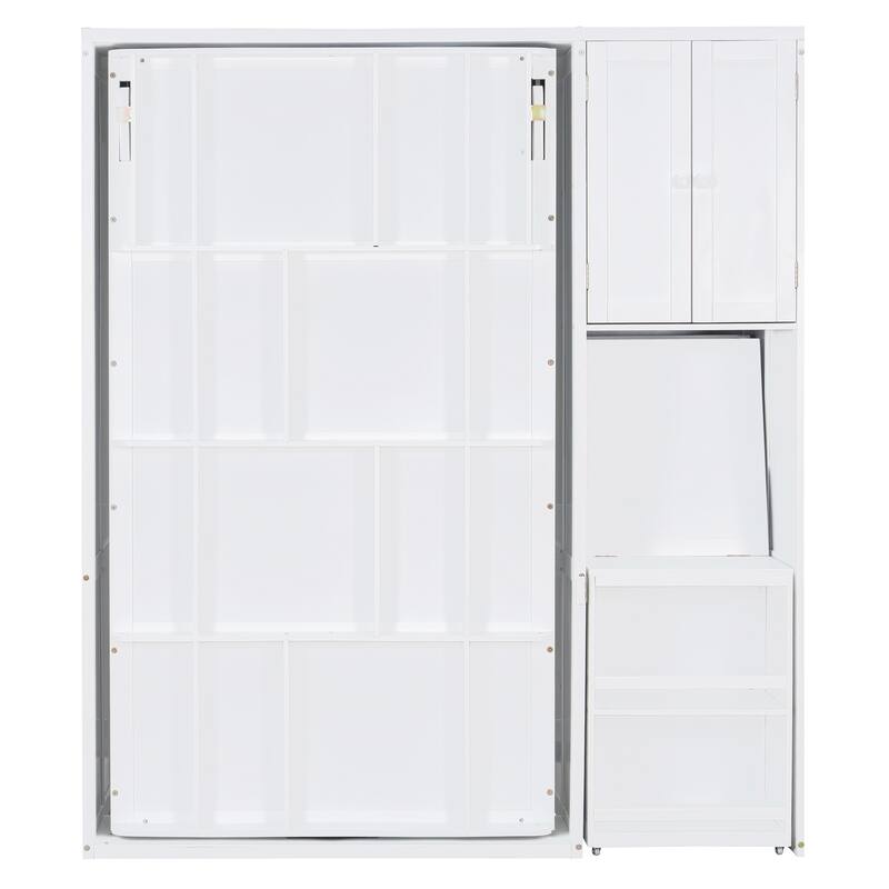Twin Size Rotating Murphy Wall Bed with Bookshelf, Top Cabinet, Modern Foldable Cabinet Bed with Extendable Desk, Side Storage