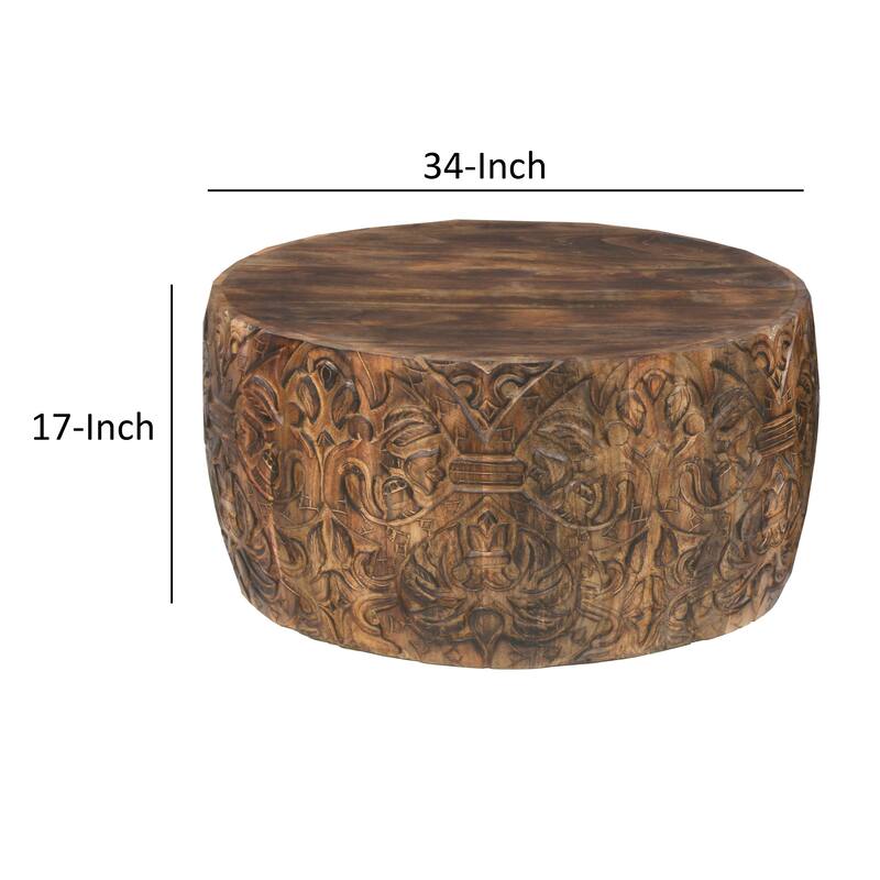 33 Inch Round Coffee Table with Damask Carved Pattern and Wooden Frame, Walnut Brown