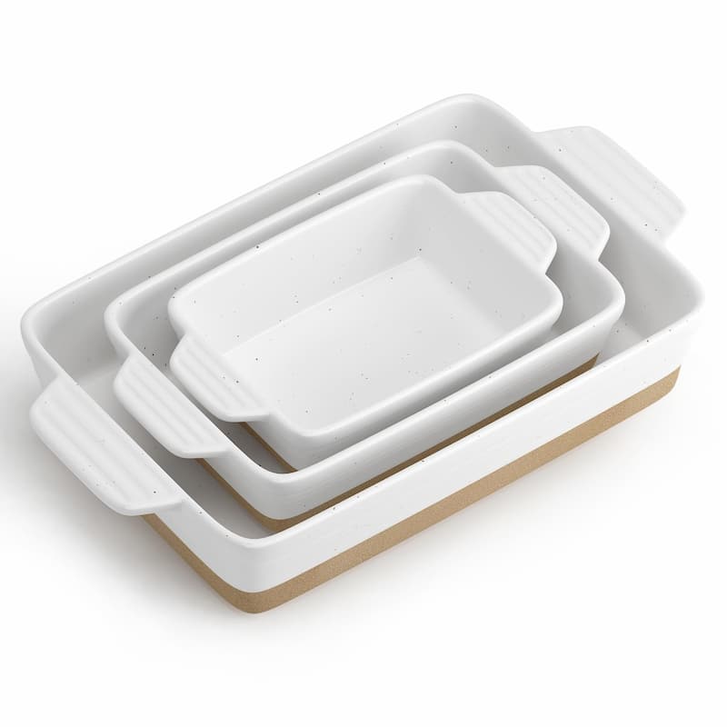 Ceramic Baking Dish, Casserole Dishes for Oven, Extra Deep Lasagna Pans with Handles,Bakeware Set of 3 14.7 x 8.7 x 3 Inches - White