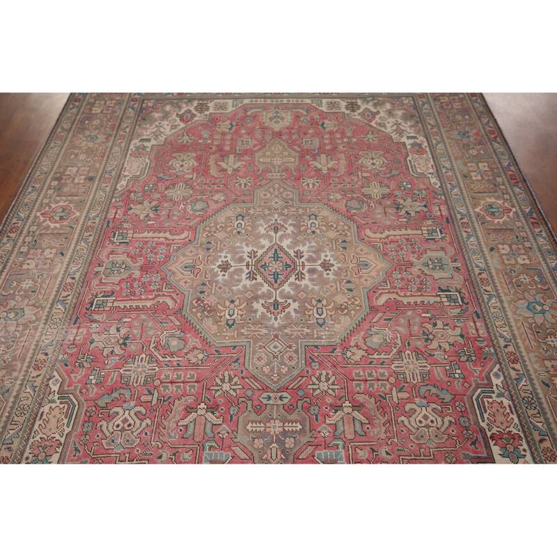 Pink Geometric Tabriz Persian Vintage Rug Hand-Knotted Wool Carpet - 6'7"x 9'8"