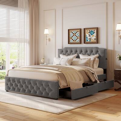 Linen Platform Bed with 2 Drawers, USB Ports, and Nailhead Accents