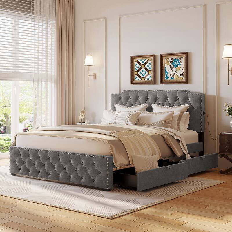 Queen Size Linen Fabric Upholstered Bed w/ 2 Drawers Storage Bed, 2 USB Ports on Platform Bed No Box Spring Needed Easy Assembly