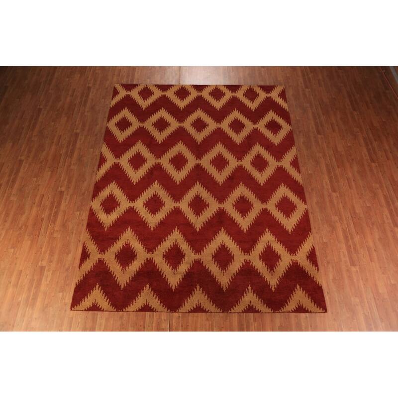 Hand Knotted Oriental 100% Wool Carpet Modern Geometric Red Moroccan Area Rug - 11' 8'' X 8' 11''