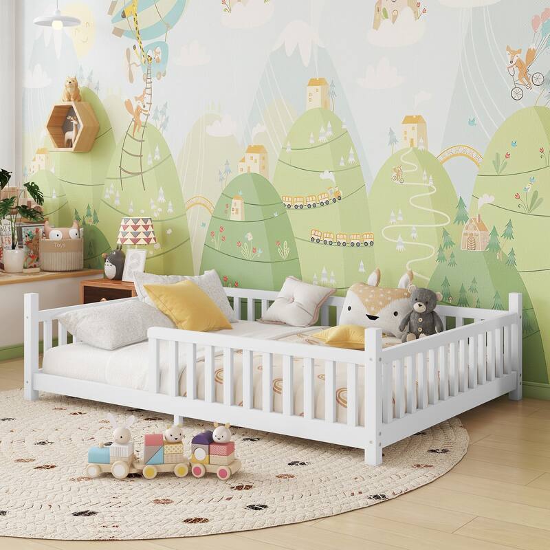 Full House Bed with Light, Low Floor House Bed with Fence and Roof for Kids, White