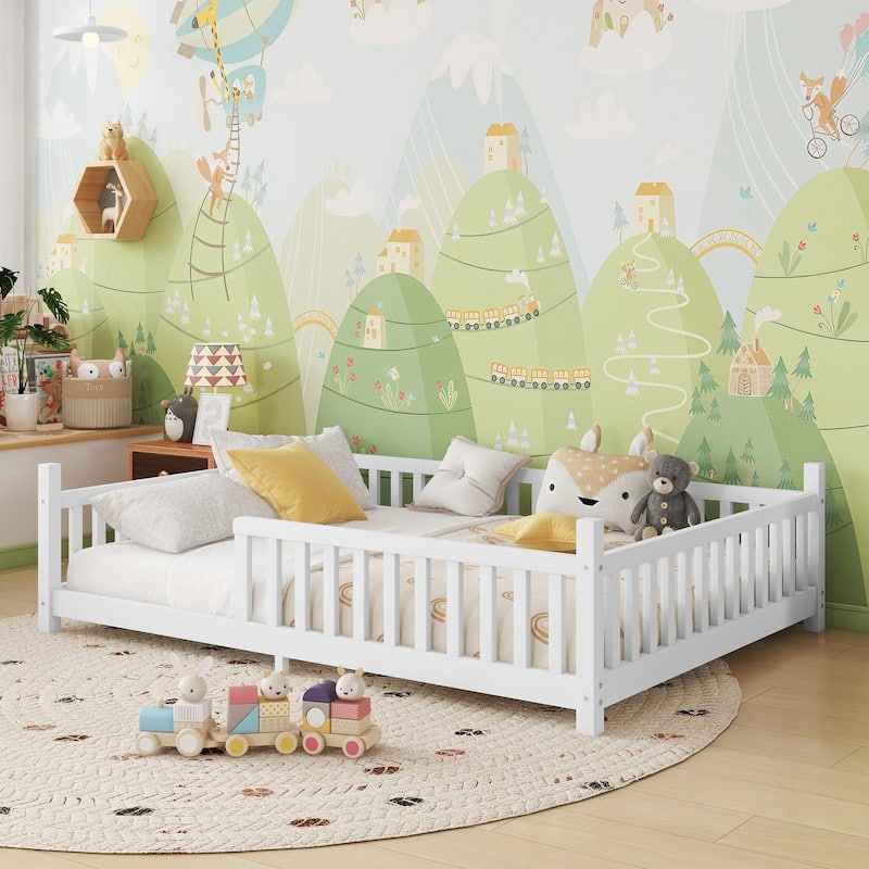 Full Low Floor House Bed with Fence and Roof for Kids Boys Girls - White