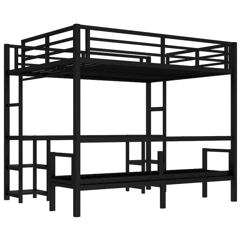 Queen over Twin XL Black Metal Bunk Loft Bed with Desk and Shelves, LED and USB