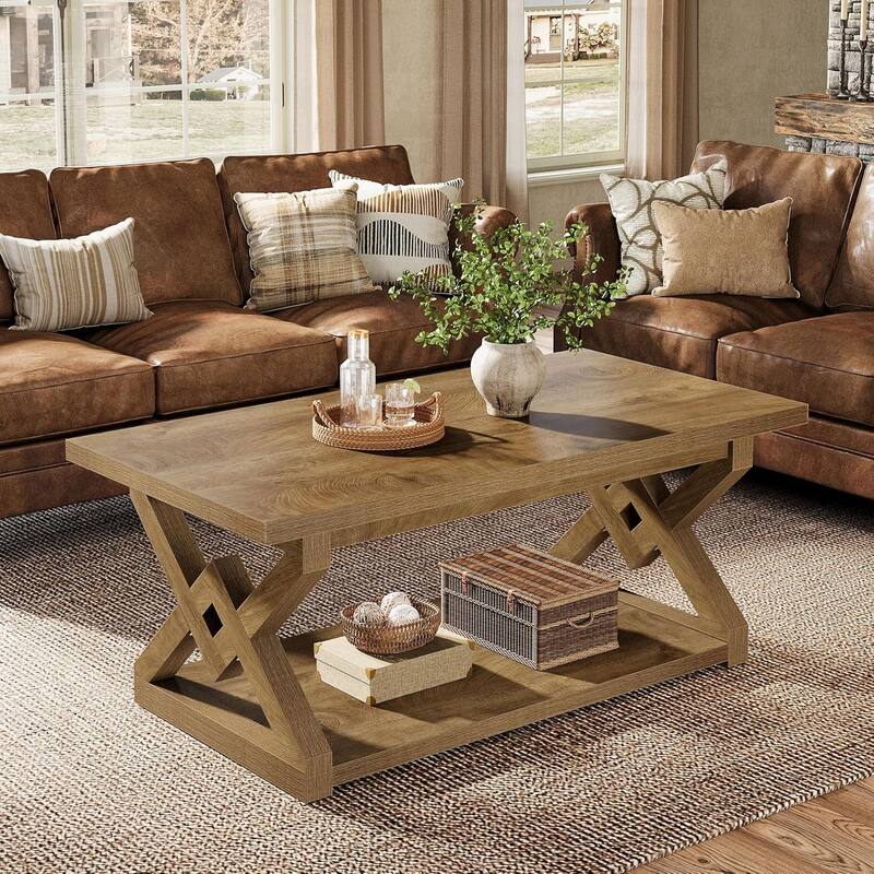 47.24" Rectangle Coffee Table, 2-Tier Farmhouse Center Table for Living Room - 47.24" L × 23.62" W × 19.69" H